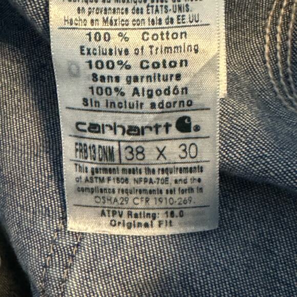 Carhartt Blue Flame-Resistant Signature Denim Dungaree Jeans Size 38x30 - Picture 7 of 8